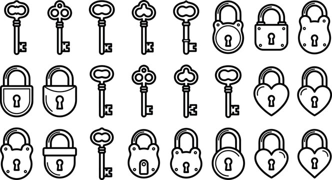 Dental care and oral hygiene medical line icons set for dentistry clinic Vintage padlock and secret key security line icons set for privacy protection branding design applicationbranding presentation