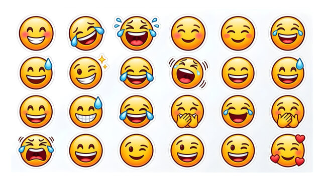 Set of various happy yellow emoji faces expressing joy laughter and positive emotions