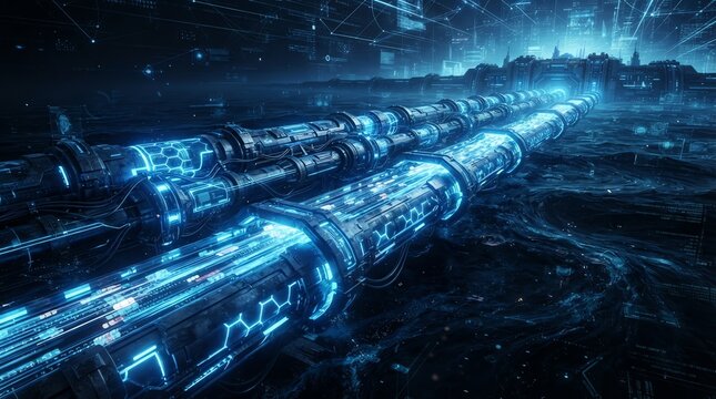 Futuristic glowing blue conduits in high tech environment