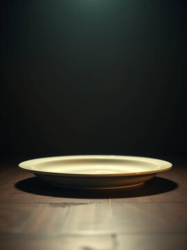 A solitary plate rests center frame, bathed in soft, aged light, hinting at stories untold,  eye level shot,  faded glory