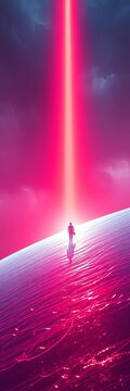 Crimson and cyan light spills, a figure glides on a crystalline slope, immense sky ablaze,  neon ride,  digital mountain