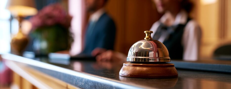 Reception area with a call bell and hotel staff at work  