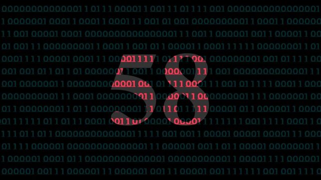 Digital countdown number 58 over binary code background, cyber security and data processing concept, futuristic technology motion