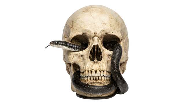 Human skull with black snake coiled isolated on transparent background