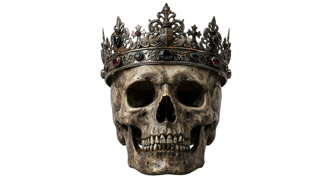 Ancient human skull wearing ornate antique royal crown isolated on transparent background