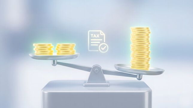 3D illustration of balance scale with high coin stack and tax document with checkmark tax refund concept