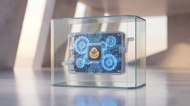 3D illustration of security device with glowing gears and gold shield inside glass showcase cold storage wallet concept