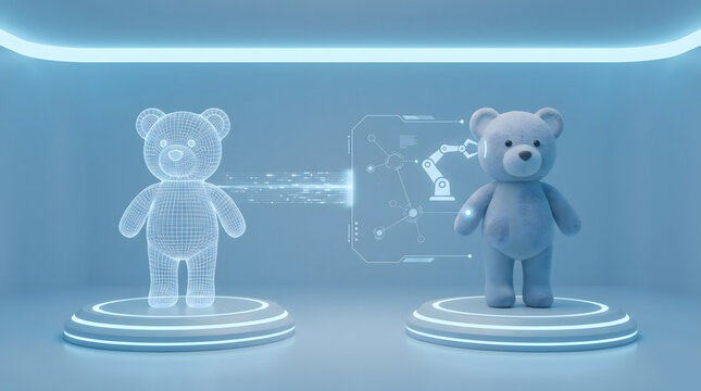 3D illustration of hologram teddy bear transferring to physical plush toy through robotic arm interface digital twin manufacturing concept