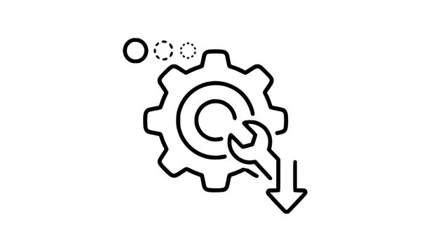 Reduced Maintenance Service Line Icon &ndash; Gear Wrench and Down Arrow Vector Illustration