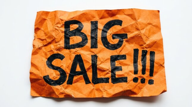 Crumpled orange paper sign advertising a large sale event with Orange crumpled paper displays bold black text announcing big sale paper material
