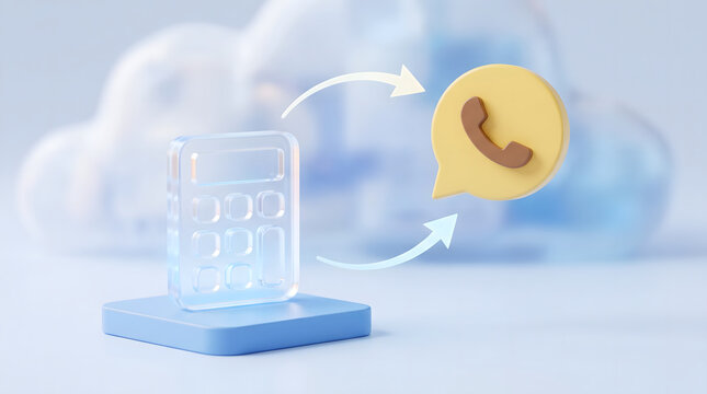 3D illustration of transparent calculator connecting with circular arrows to yellow phone call bubble cloud customer consultation concept