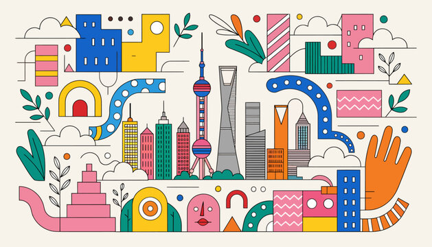 Vibrant Shanghai Skyline in Geometric Flat Design Style, Doodle Illustration with Buildings, Clouds and Abstract Shapes, Urban Landscape.