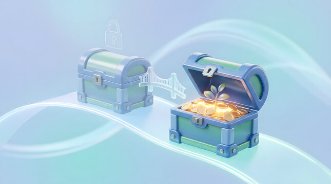 3D illustration of closed locked chest connecting via transparent bridge to open chest filled with gold coins and plant sprout liquidity concept