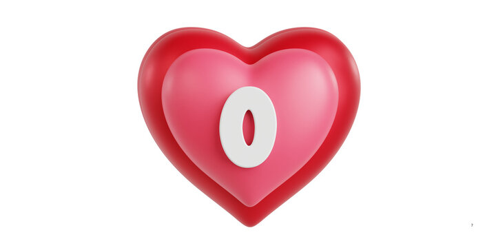 3D red and pink heart icon with number zero, glossy social media like button, romantic heart symbol for zero likes or empty state