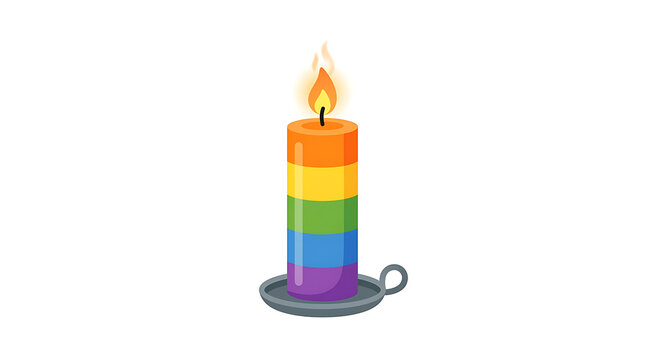 Candle with rainbow stripes stands in a small metal holder to represent themes of diversity, equality, and pride celebration in a minimalist vector.