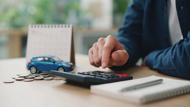 Person using calculator to count expenses and plan auto insurance costs with toy car on office table.