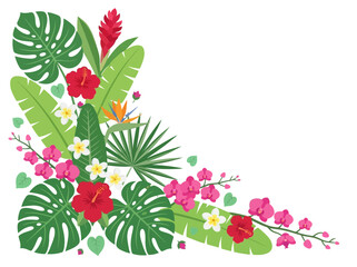 Tropical Floral Corner Border with Monstera Leaves, Hibiscus, and Orchids © Saparistyle