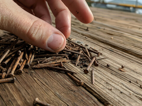 Close-up of a hand picking up rusty old nails scattered on weathered wooden planks. Construction hardware and DIY repair concept.
