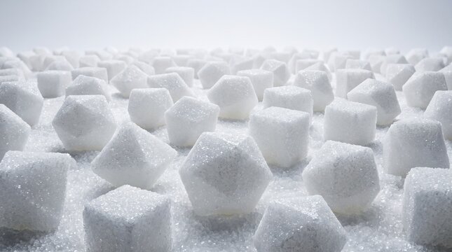 Sugar cubes and geometric polyhedral crystals scattered across a white surface creating an abstract minimalist composition with granular texture and bright studio lighting from a low