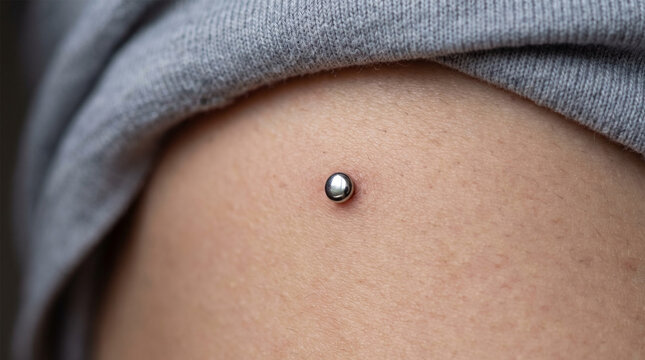 Macro Close Up of Woman Skin with Silver Dermal Anchor Piercing on Collarbone