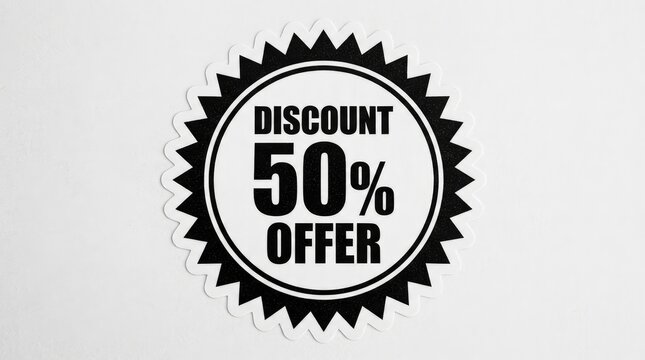Black and white discount offer badge displaying fifty percent savings on plain background with typography scalloped border deal bold typography