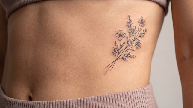 Close Up of Delicate Wildflower Bouquet Botanical Tattoo on Woman Ribcage
