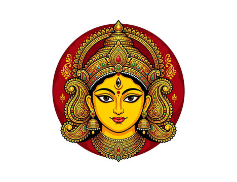Pixel art portrait of hindu goddess durga with golden crown and red background