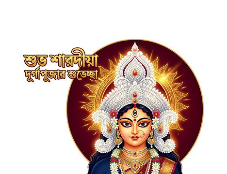 Goddess durga portrait for durga puja festival celebration with traditional bengali script text on a circular dark maroon background