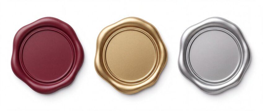 Three blank wax seals in red gold and silver metallic colors arranged horizontally on a white background with featuring smooth surfaces against clean white three circular