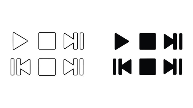 Media player control icons set including play stop and skip buttons in two styles