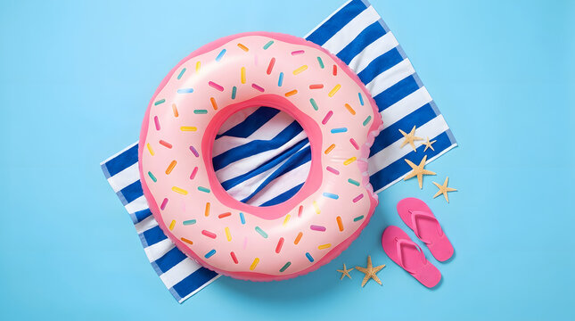 Pink donut pool float with blue white striped towel, pink flip flops, and small stars. Perfect for summer vacation designs.