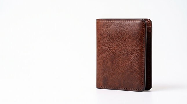 A brown leather wallet standing upright on a clean white background, showcasing its texture and design.