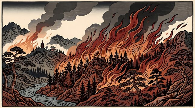 Generative AI Japanese woodblock-inspired forest fire artwork with carved line textures, layered colors, mountain trees, and dramatic flames in deep red and burnt orange.