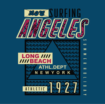 Los Angeles surfing text arranged with triangle frame and long beach reference year nineteen twenty seven. Summer sport apparel design concept