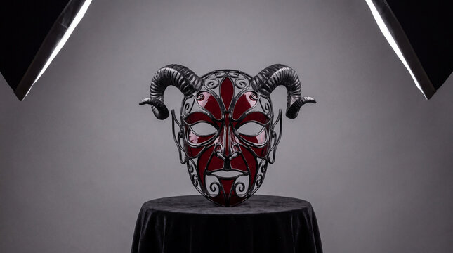 Devil mask crafted from metal with red and black colors and curled horns displayed on black cloth under studio lights