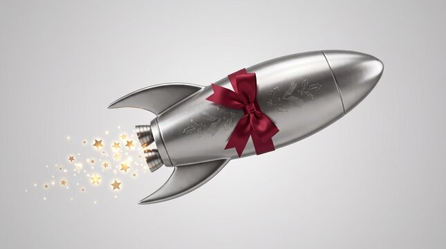 Metallic silver rocket with red gift bow, flying spaceship with sparkling star trail, creative business launch and holiday promotion concept