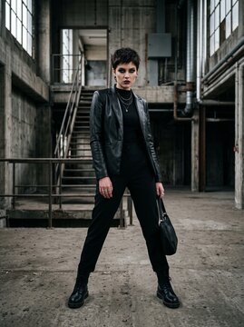 Edgy woman in factory