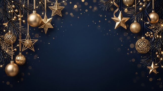 Elegant christmas decorations with golden ornaments and sparkling lights create a festive holiday atmosphere