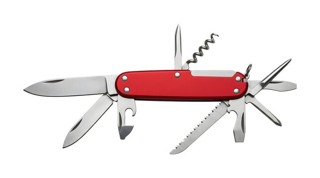 Red pocket knife with multiple fold out tools on transparent background