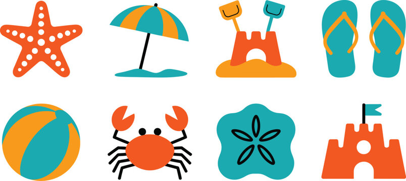 Colorful summer beach and ocean icon collection featuring starfish, umbrella, sand bucket, flip flop, beach ball, crab, sand dollar, tropical vacation and vibrant vector design.