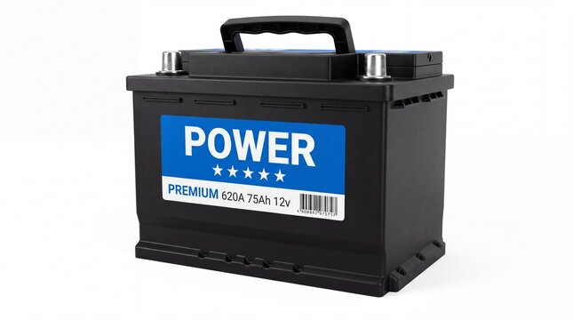 A black lead acid car battery with a blue label stands on a white background with technical specifications stands battery with battery featuring, black automotive