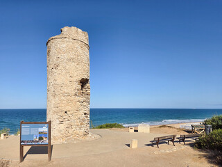 medieval, tower, called, Torre, del, Puergo in La Barrosa beach in Sancti Petri, Cadiz, Spain © josevgluis