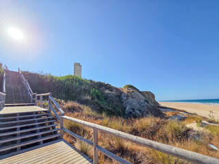 medieval, tower, called, Torre, del, Puergo in La Barrosa beach in Sancti Petri, Cadiz, Spain © josevgluis