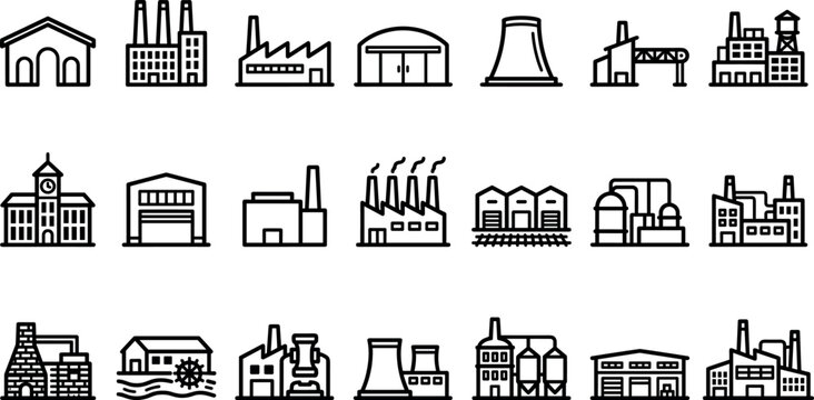 Complex urban infrastructure graphic templates showcasing architectural elevations of manufacturing depots storage facilities and processing units
