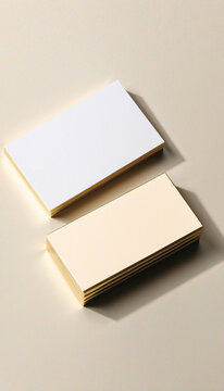 The image shows two blank business cards lying on a light beige background. the cards are rectangular in shape and appear to be made of a smooth gloss