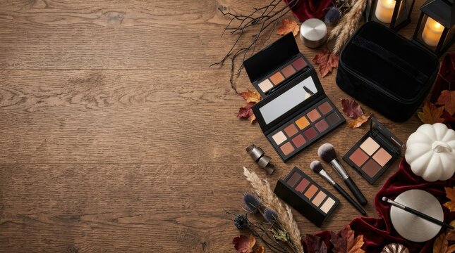 Halloween makeup palettes brushes and cosmetics with autumn decor on wooden table for beauty content.