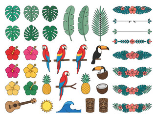 Tropical Hawaiian Luau Vector Clip Art Set with Macaw Parrots, Hibiscus Flowers, and Tiki Masks © Purwanto