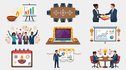 Fototapeta premium Business meeting icons with festive Diwali decorations, including charts, laptops, and people celebrating success.