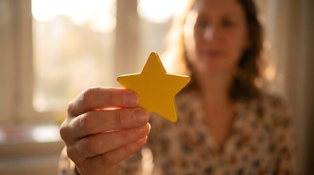 Hand of a woman holding a yellow wooden star toward the camera in warm sunset light for customer satisfaction feedback and business rating excellence concept