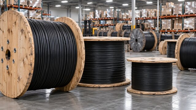 Large Wooden Cable Reels with Black Industrial Electrical Wires Stored Inside Warehouse Factory Showing Power Infrastructure Manufacturing Supply Logistics and Construction Equipment